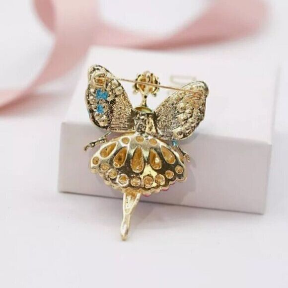 Angel with Wings Fairy Ballerina Dancer Rhinestone Brooch - Picture 2 of 7